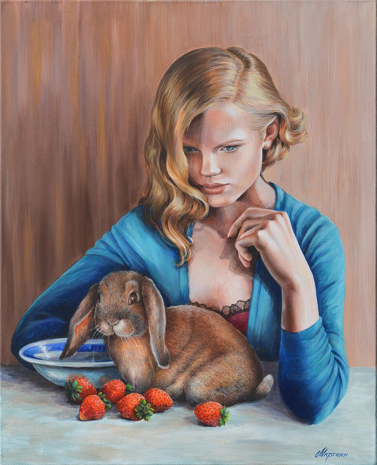 Mädchen mit einem Kaninchen Acryl auf Leinwand, 80 cm x 65 cm (2017)